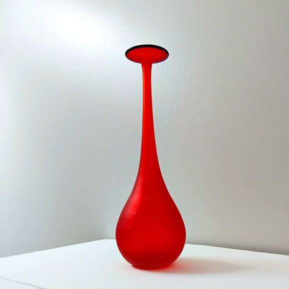 Carlo Moretti Red Satin Glass Pencil Vase Blue Rim Satinato Murano Italian MCM
